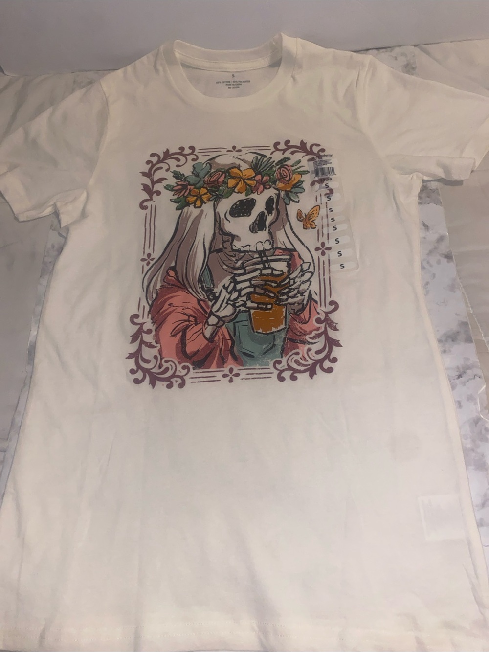 White Floral Skull Graphic Tee - Casual Short Sleeve Top